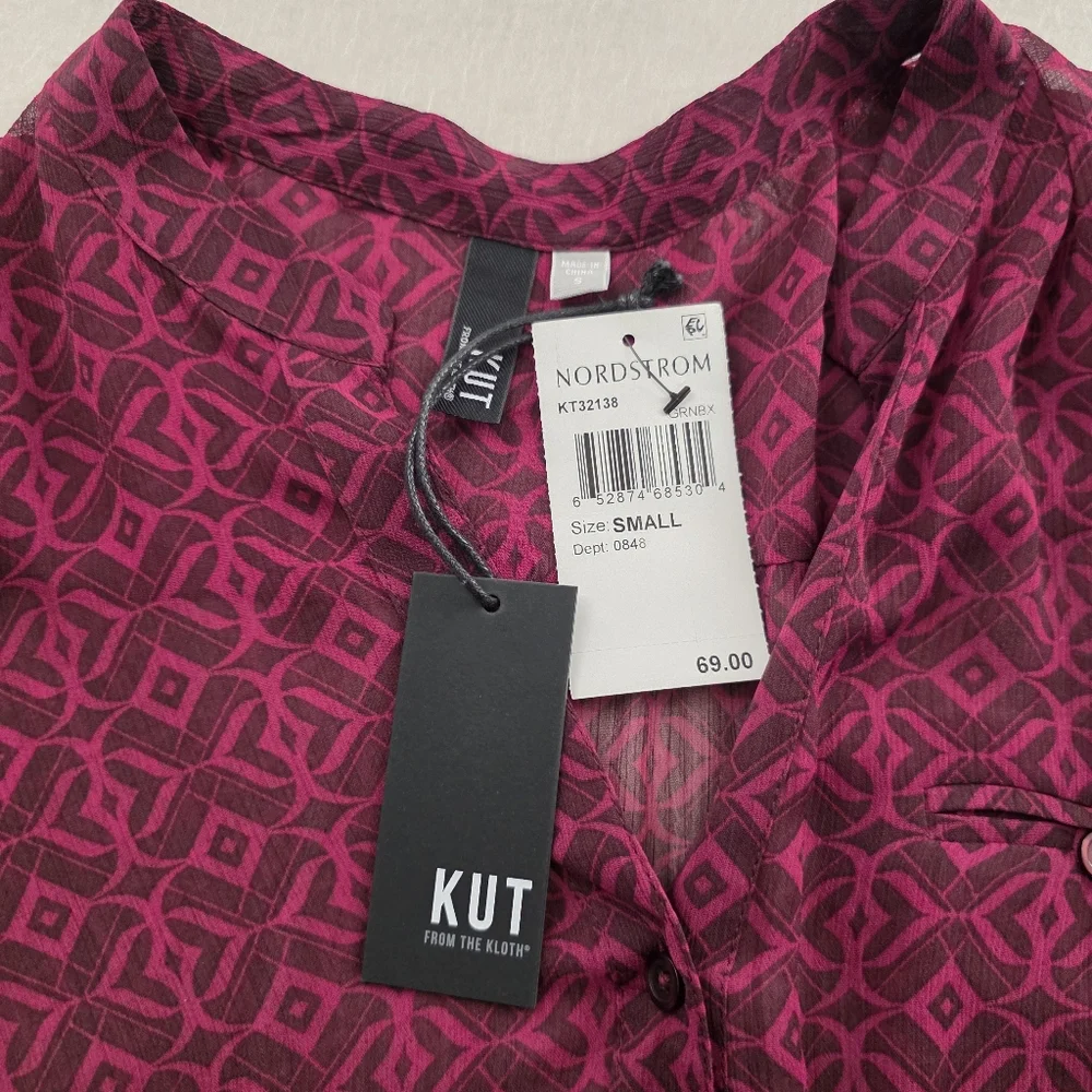 Kut From The Kloth Women’s Sz S Button Down Sheer Floral Blouse Roll Tab NWT